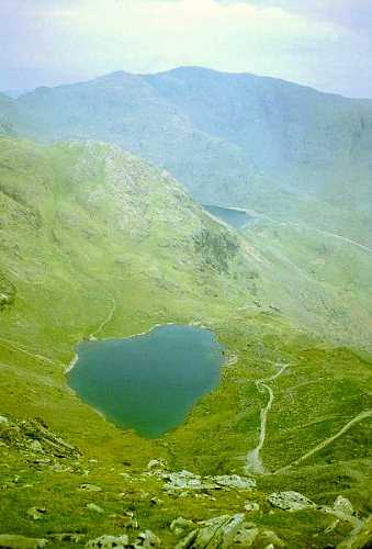 Low Water, Levers Water and Wetherlam from Coniston Old Man