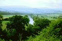 Looking back along the River Wye towards Hay-on-Wye and Hay Bluff