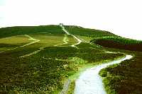 The path up to Jubilee Tower at the summit of Moel Famau, the highest point of the Clwydian Range